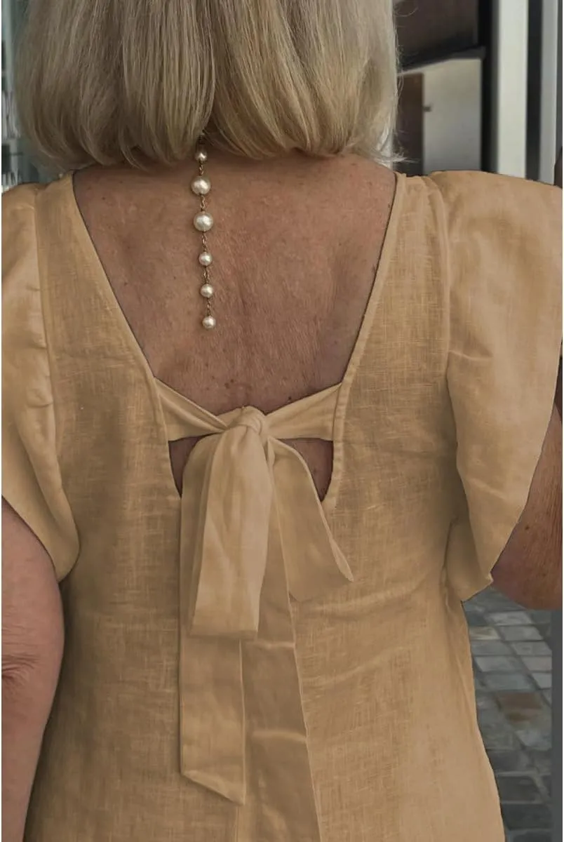 Women Linen Maxi Dress V Neck Ruffle Sleeve Tie Back Cotton Long Dresses with Pocket
