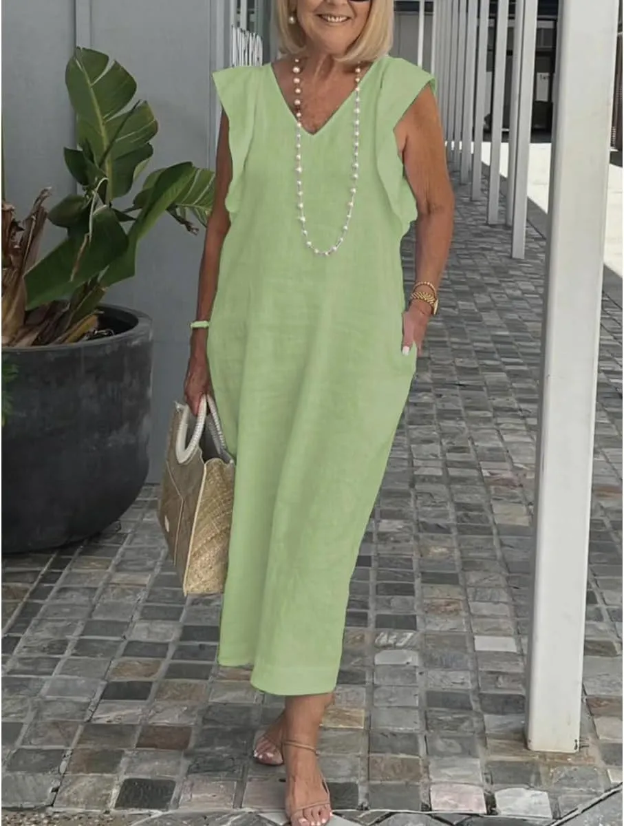 Women Linen Maxi Dress V Neck Ruffle Sleeve Tie Back Cotton Long Dresses with Pocket