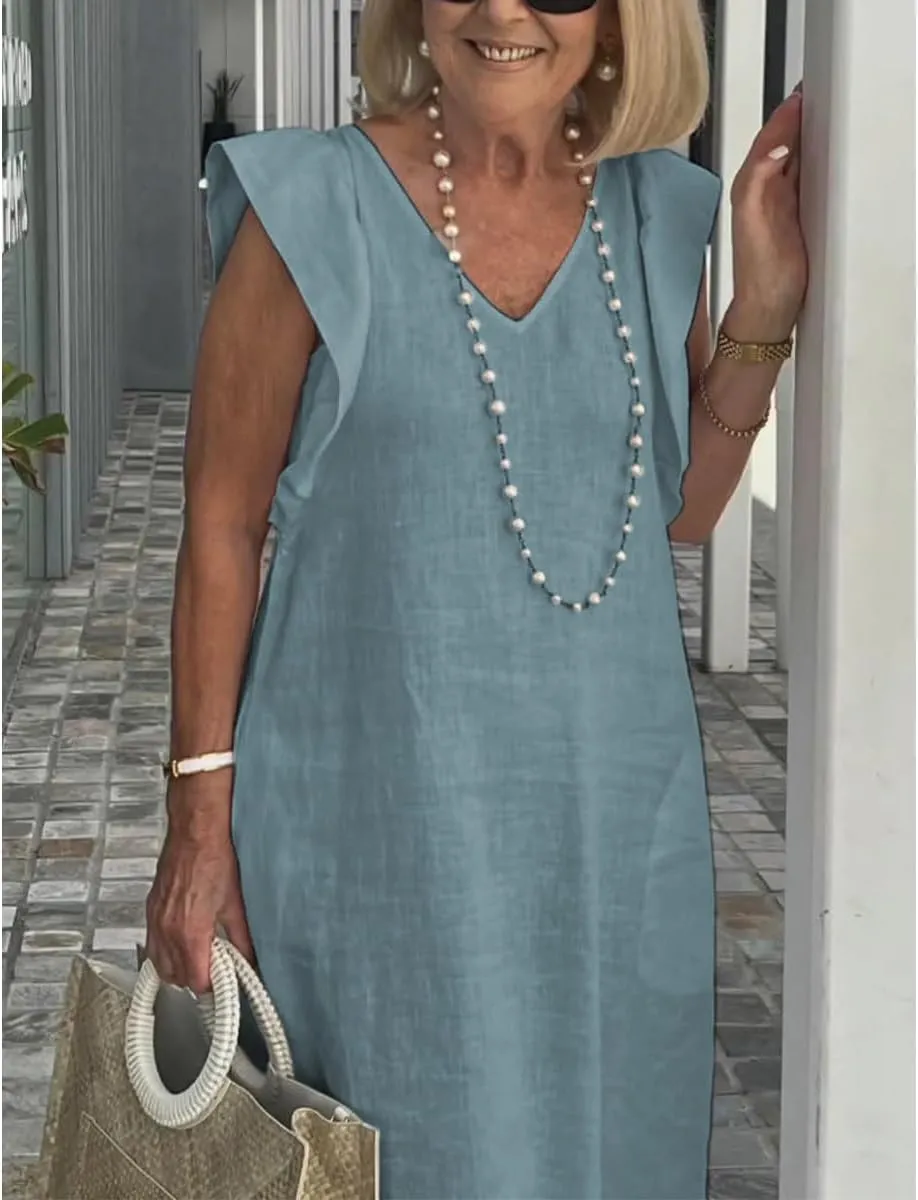 Women Linen Maxi Dress V Neck Ruffle Sleeve Tie Back Cotton Long Dresses with Pocket