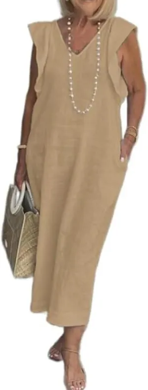 Women Linen Maxi Dress V Neck Ruffle Sleeve Tie Back Cotton Long Dresses with Pocket