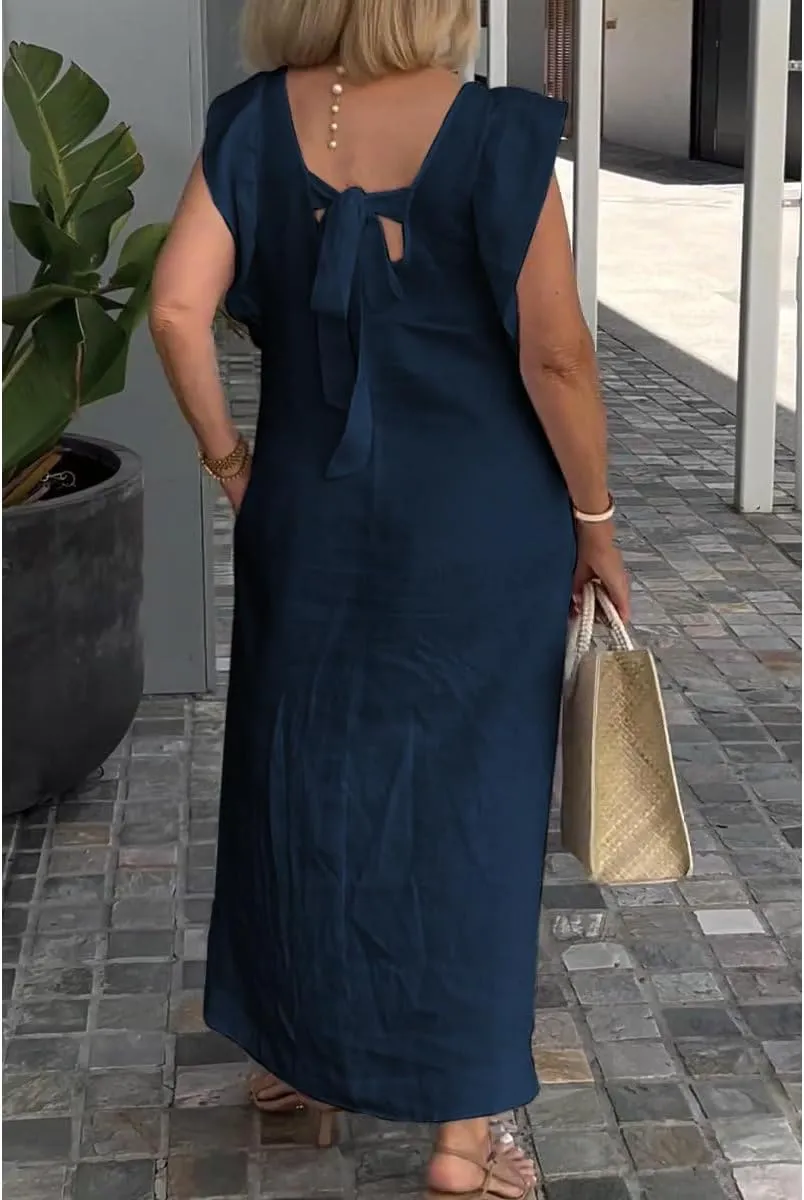 Women Linen Maxi Dress V Neck Ruffle Sleeve Tie Back Cotton Long Dresses with Pocket