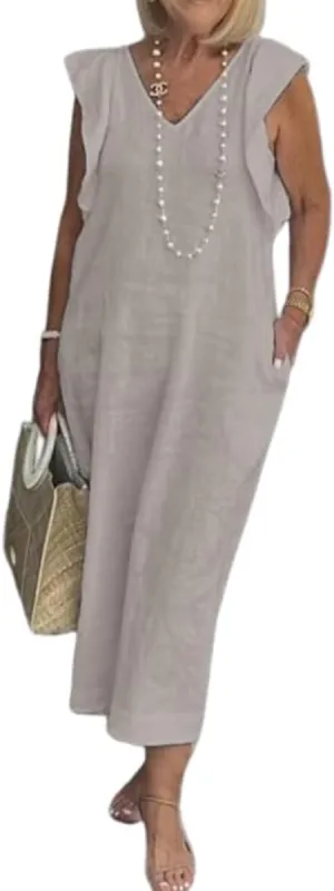 Women Linen Maxi Dress V Neck Ruffle Sleeve Tie Back Cotton Long Dresses with Pocket