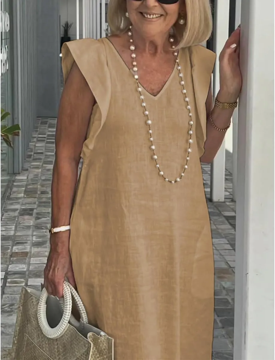 Women Linen Maxi Dress V Neck Ruffle Sleeve Tie Back Cotton Long Dresses with Pocket