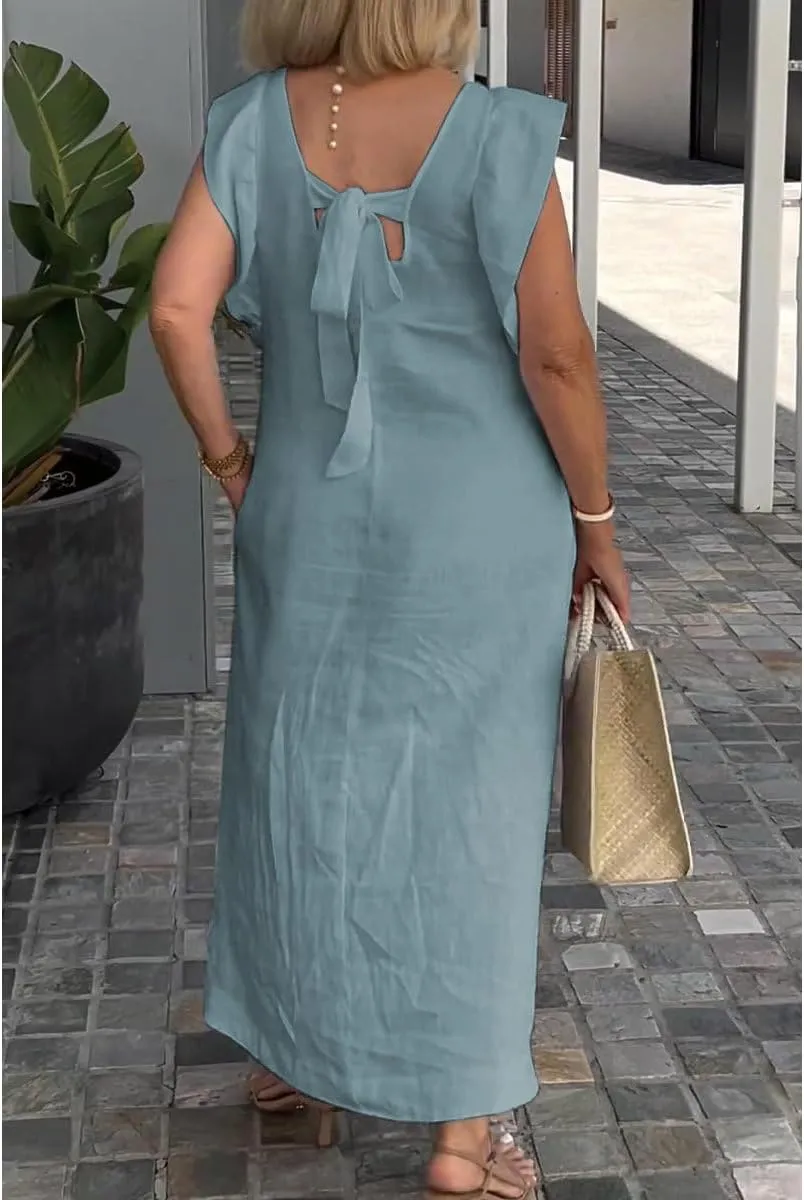 Women Linen Maxi Dress V Neck Ruffle Sleeve Tie Back Cotton Long Dresses with Pocket