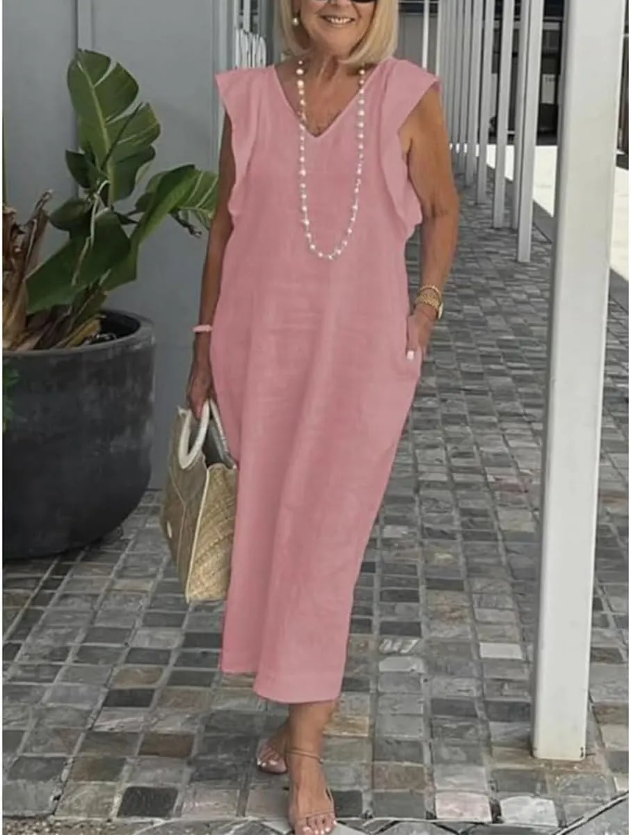 Women Linen Maxi Dress V Neck Ruffle Sleeve Tie Back Cotton Long Dresses with Pocket