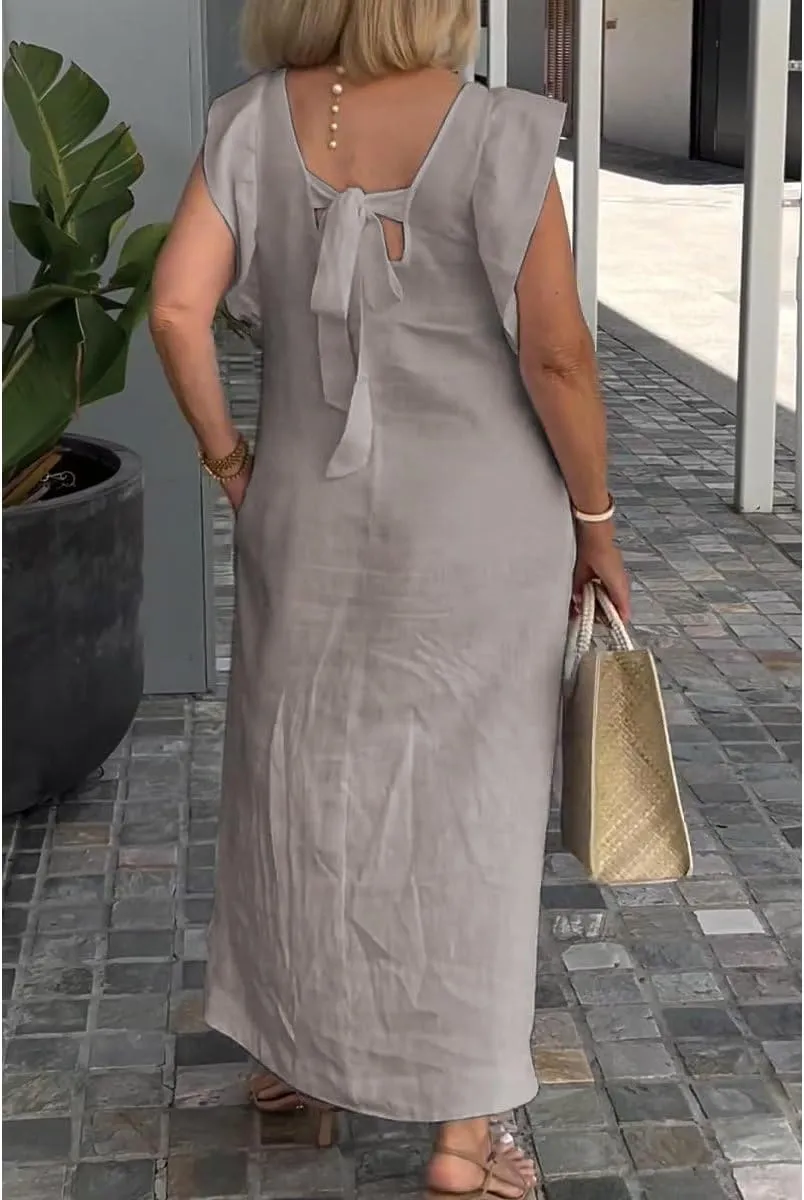 Women Linen Maxi Dress V Neck Ruffle Sleeve Tie Back Cotton Long Dresses with Pocket