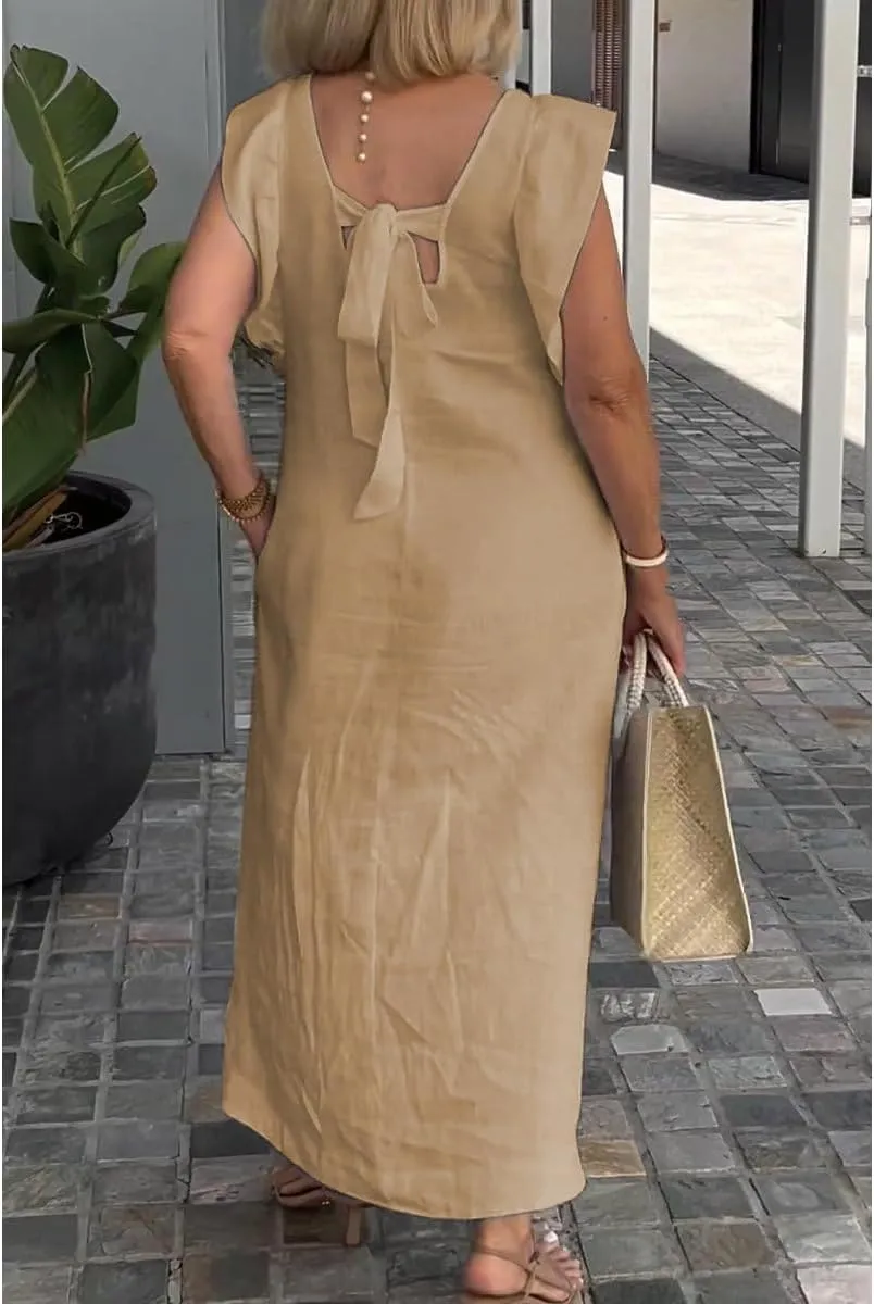 Women Linen Maxi Dress V Neck Ruffle Sleeve Tie Back Cotton Long Dresses with Pocket