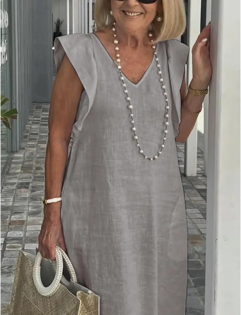 Women Linen Maxi Dress V Neck Ruffle Sleeve Tie Back Cotton Long Dresses with Pocket