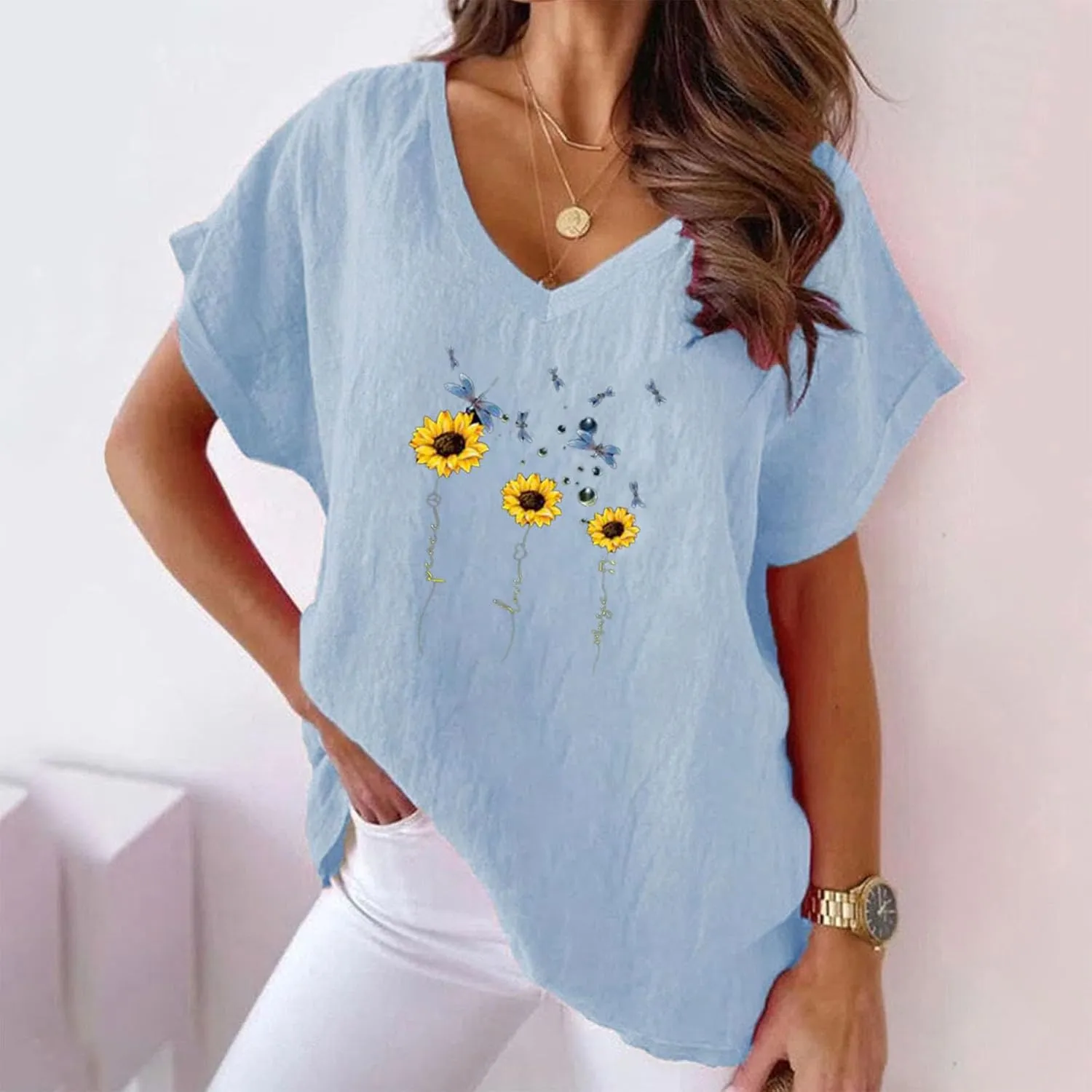 Women Linen Tops Plus Size Short Sleeve V Neck Floral Blouse Tops Dressy Casual Cpmfy Summer Oversized Tshirts