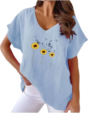 Women Linen Tops Plus Size Short Sleeve V Neck Floral Blouse Tops Dressy Casual Cpmfy Summer Oversized Tshirts