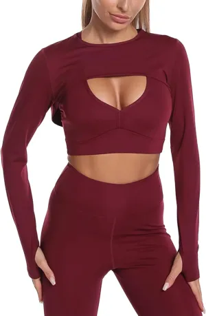 Women Long Sleeve Workout Crop Tops Seamless Yoga Shirts Cutout Shrug Top