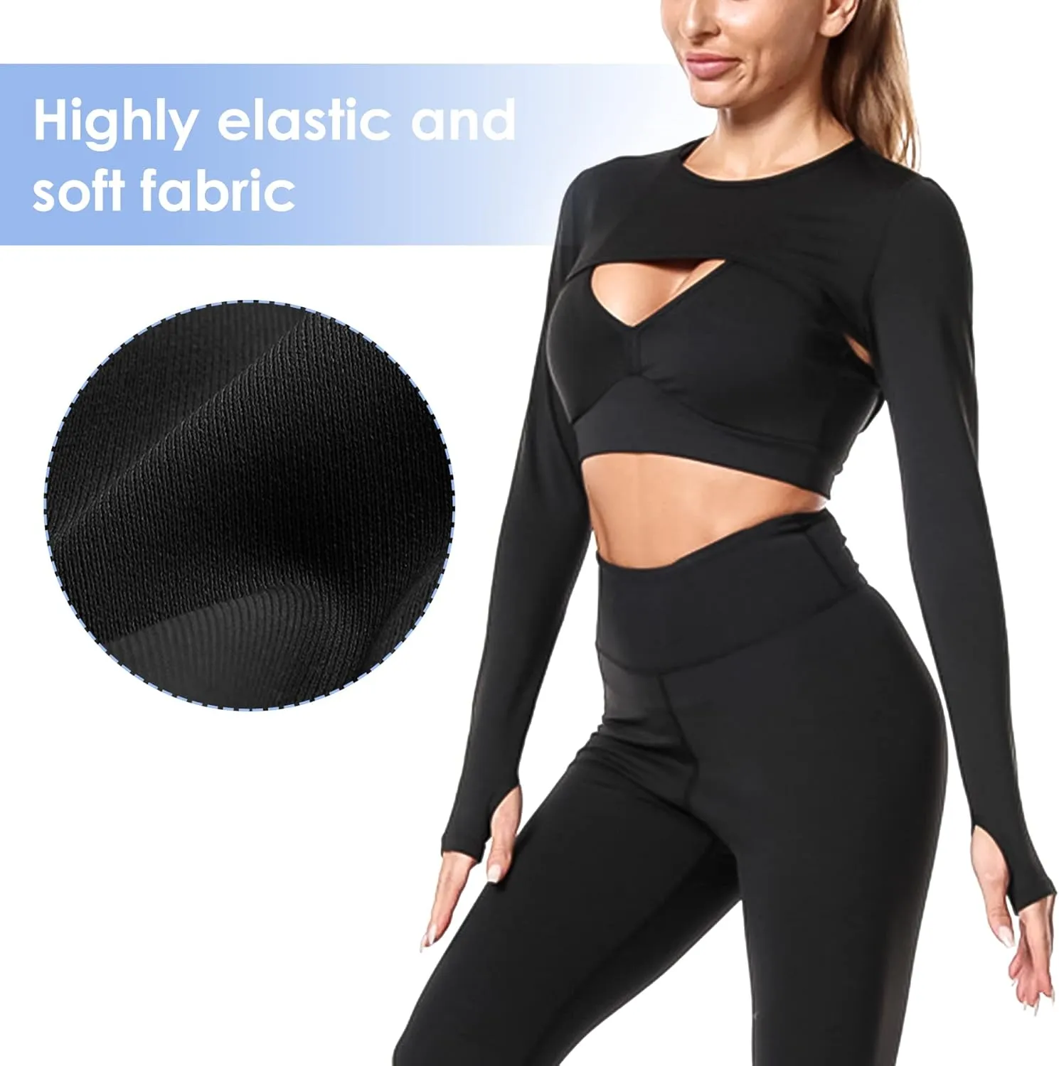 Women Long Sleeve Workout Crop Tops Seamless Yoga Shirts Cutout Shrug Top