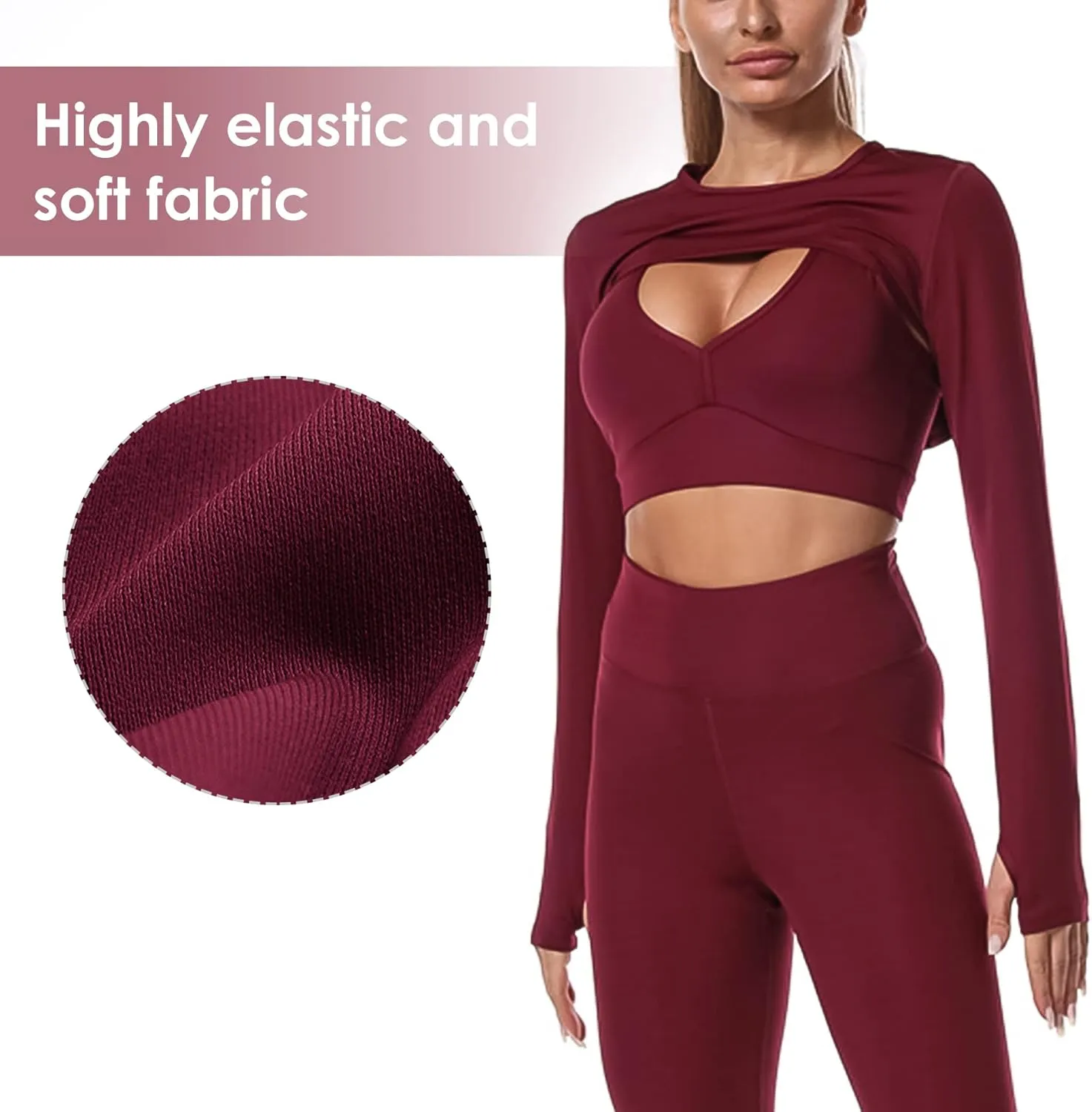 Women Long Sleeve Workout Crop Tops Seamless Yoga Shirts Cutout Shrug Top