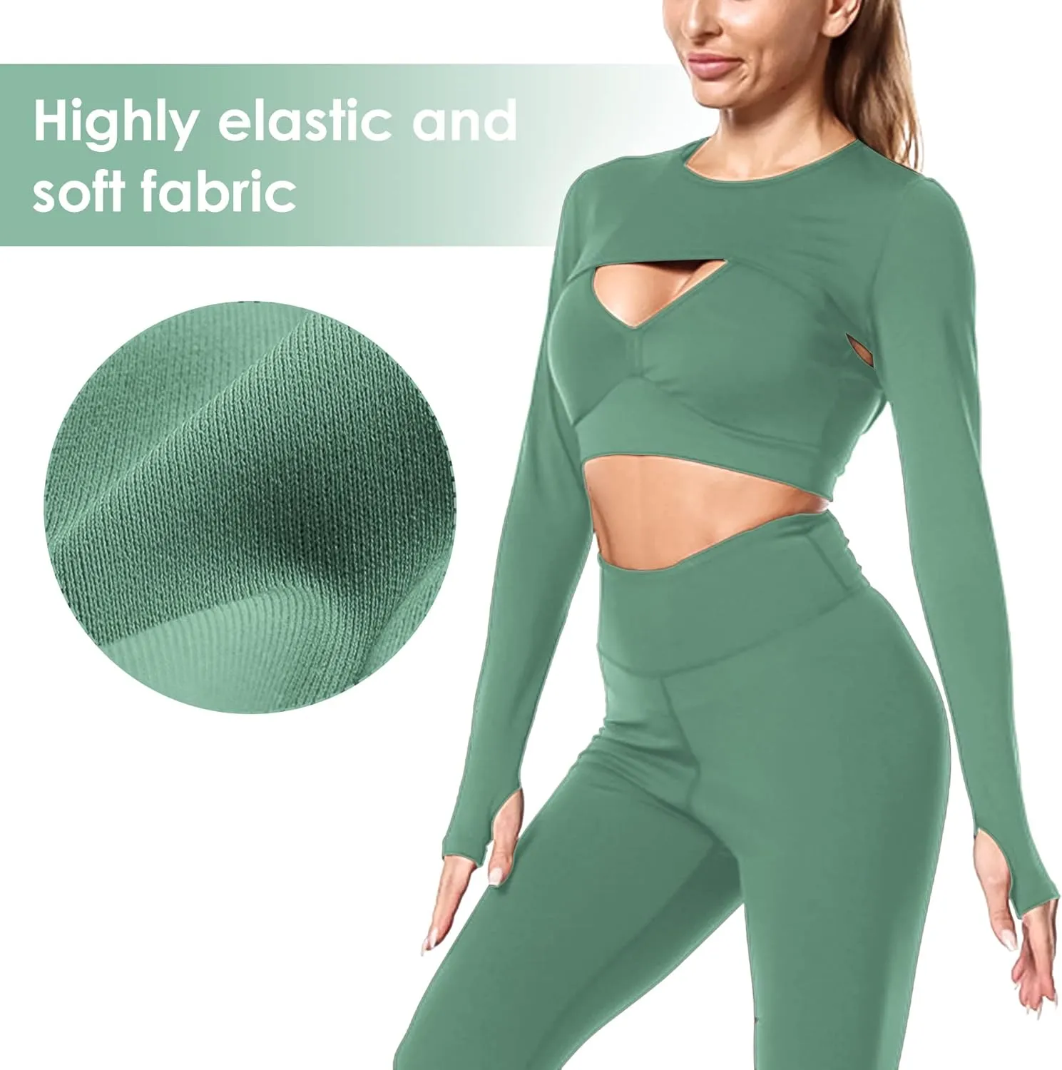 Women Long Sleeve Workout Crop Tops Seamless Yoga Shirts Cutout Shrug Top