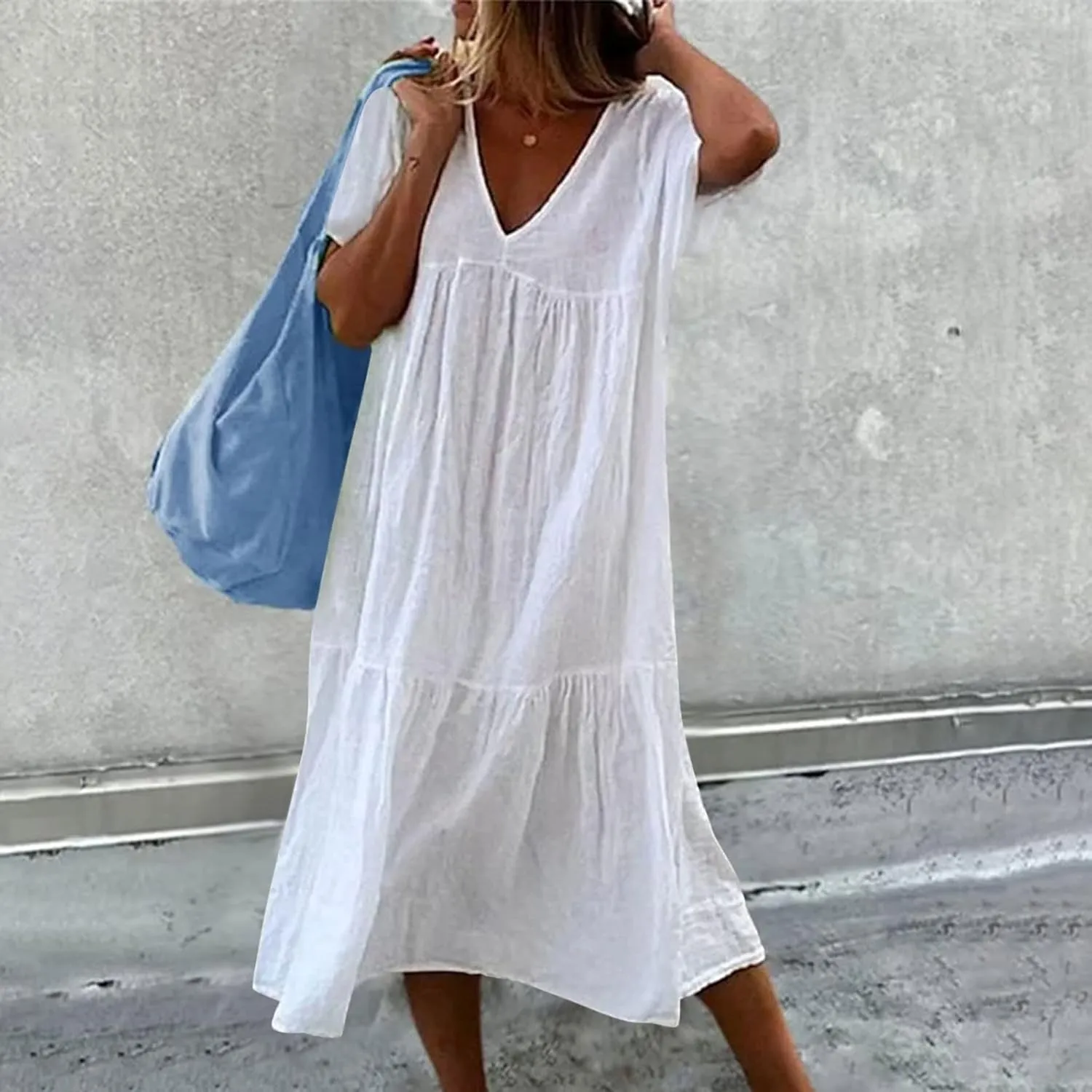 Women Summer Casual Dresses Short Sleeve V Neck Midi Tshirts Dress Flowy Tiered Beach Vacation Sundress 2024 Outfits