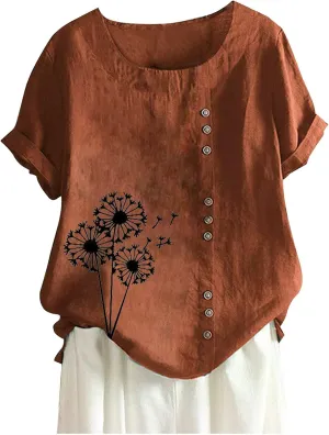 Women Summer Tops 2024 Plus Size Cotton Linen Floral Blosue Tops Casual Crewneck Short Sleeve Tshirts