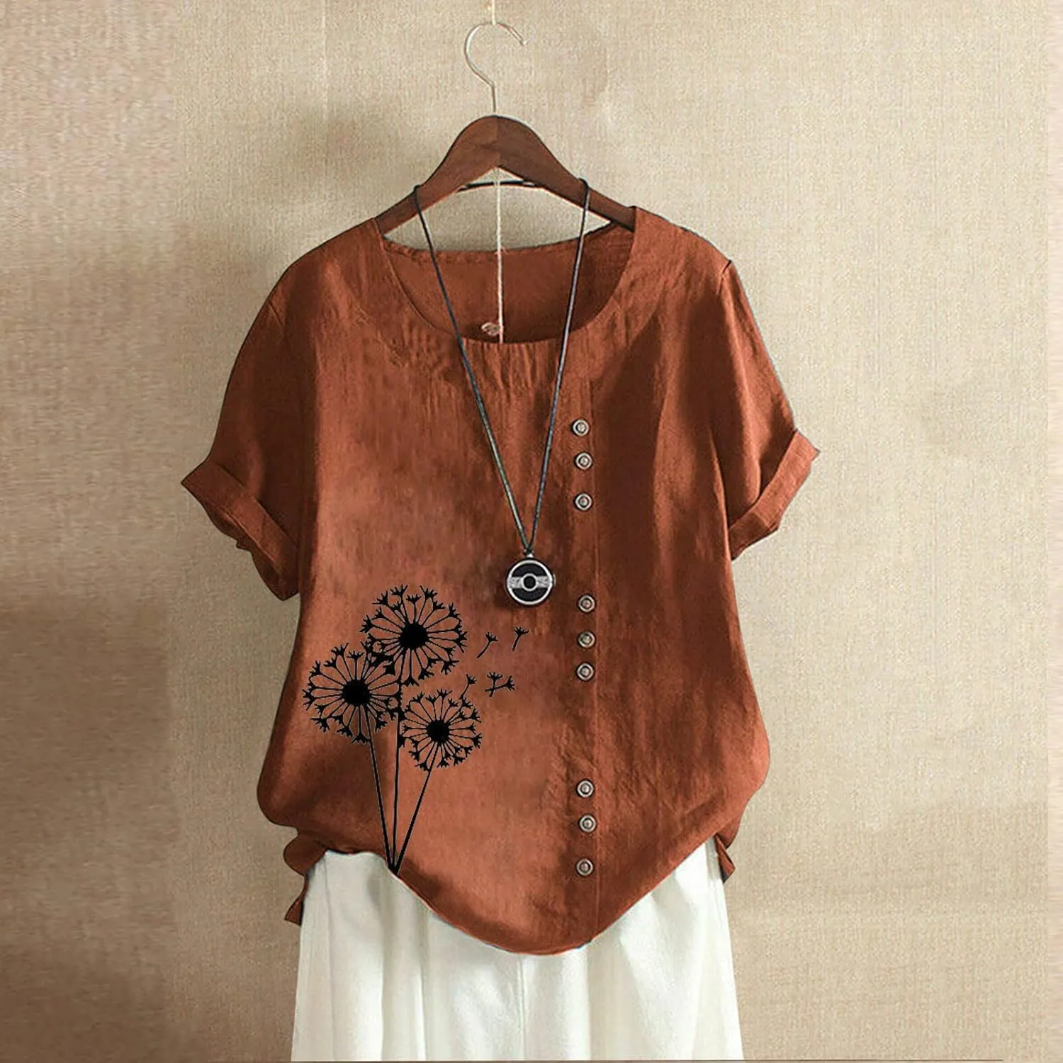 Women Summer Tops 2024 Plus Size Cotton Linen Floral Blosue Tops Casual Crewneck Short Sleeve Tshirts