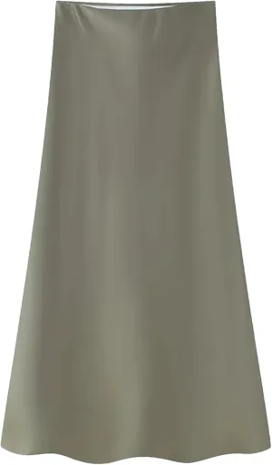 Women Vintage Casual Skirt Solid Silky Satin Straight Elasticwaist Midi Skirt Spring Summer Skirt