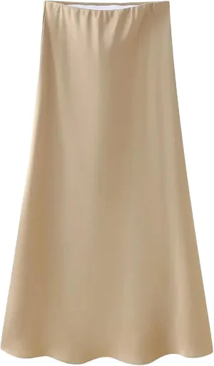 Women Vintage Casual Skirt Solid Silky Satin Straight Elasticwaist Midi Skirt Spring Summer Skirt