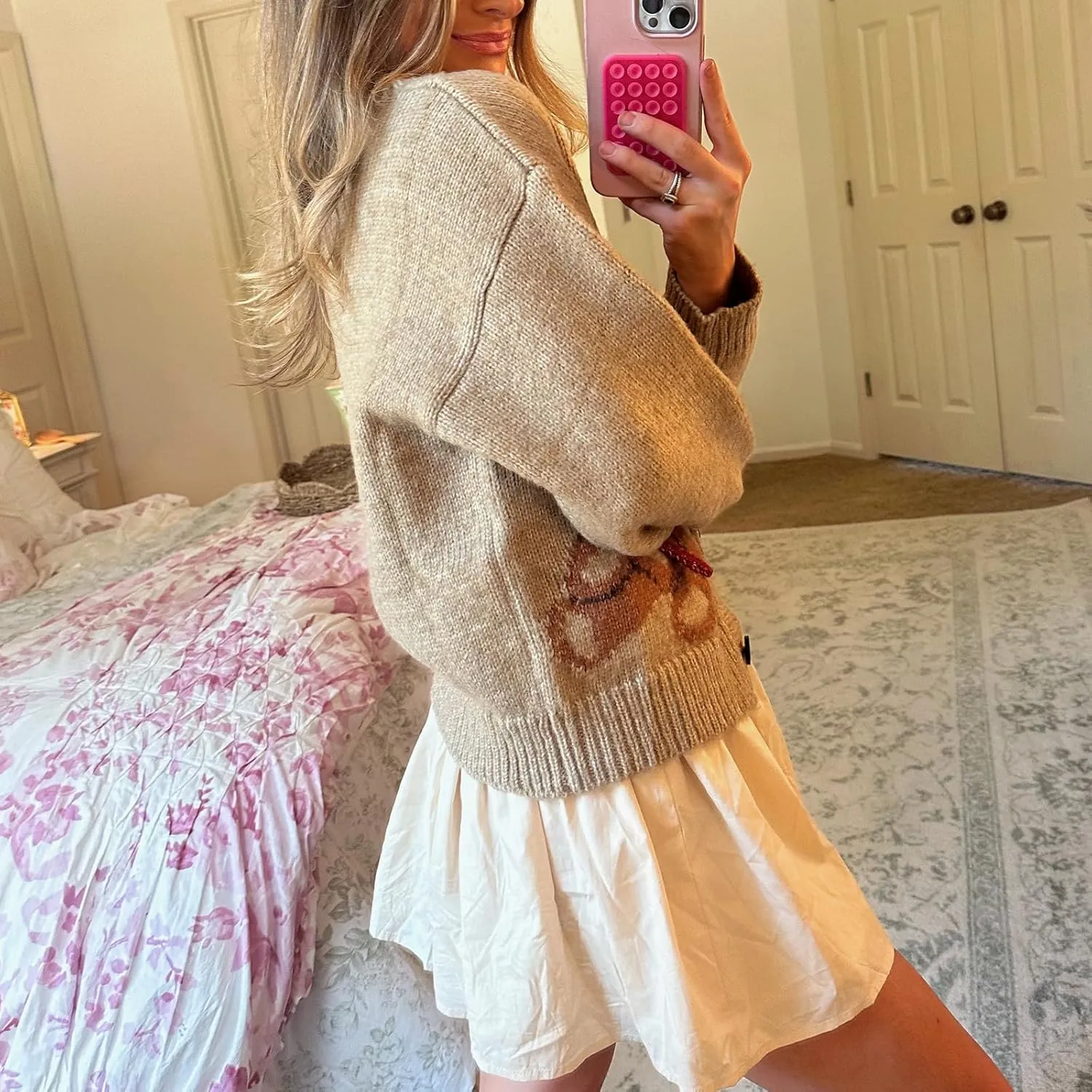 Women Y2k Knit Cardigans Cute Bear Bow Tie Long Sleeve Chunky Sweater Casual Fall Button Down Knit Coat Knitwear