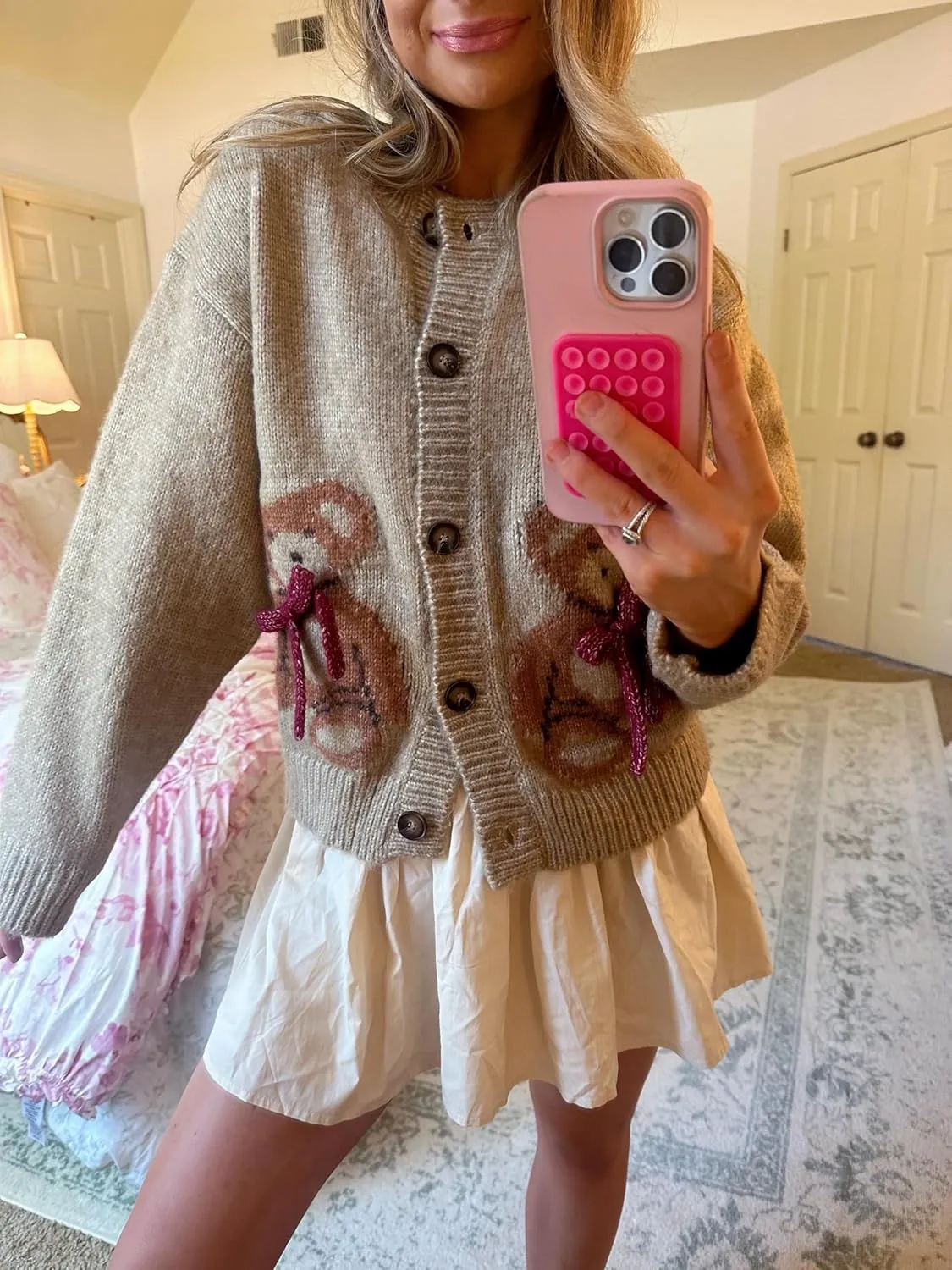Women Y2k Knit Cardigans Cute Bear Bow Tie Long Sleeve Chunky Sweater Casual Fall Button Down Knit Coat Knitwear