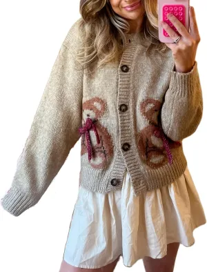 Women Y2k Knit Cardigans Cute Bear Bow Tie Long Sleeve Chunky Sweater Casual Fall Button Down Knit Coat Knitwear