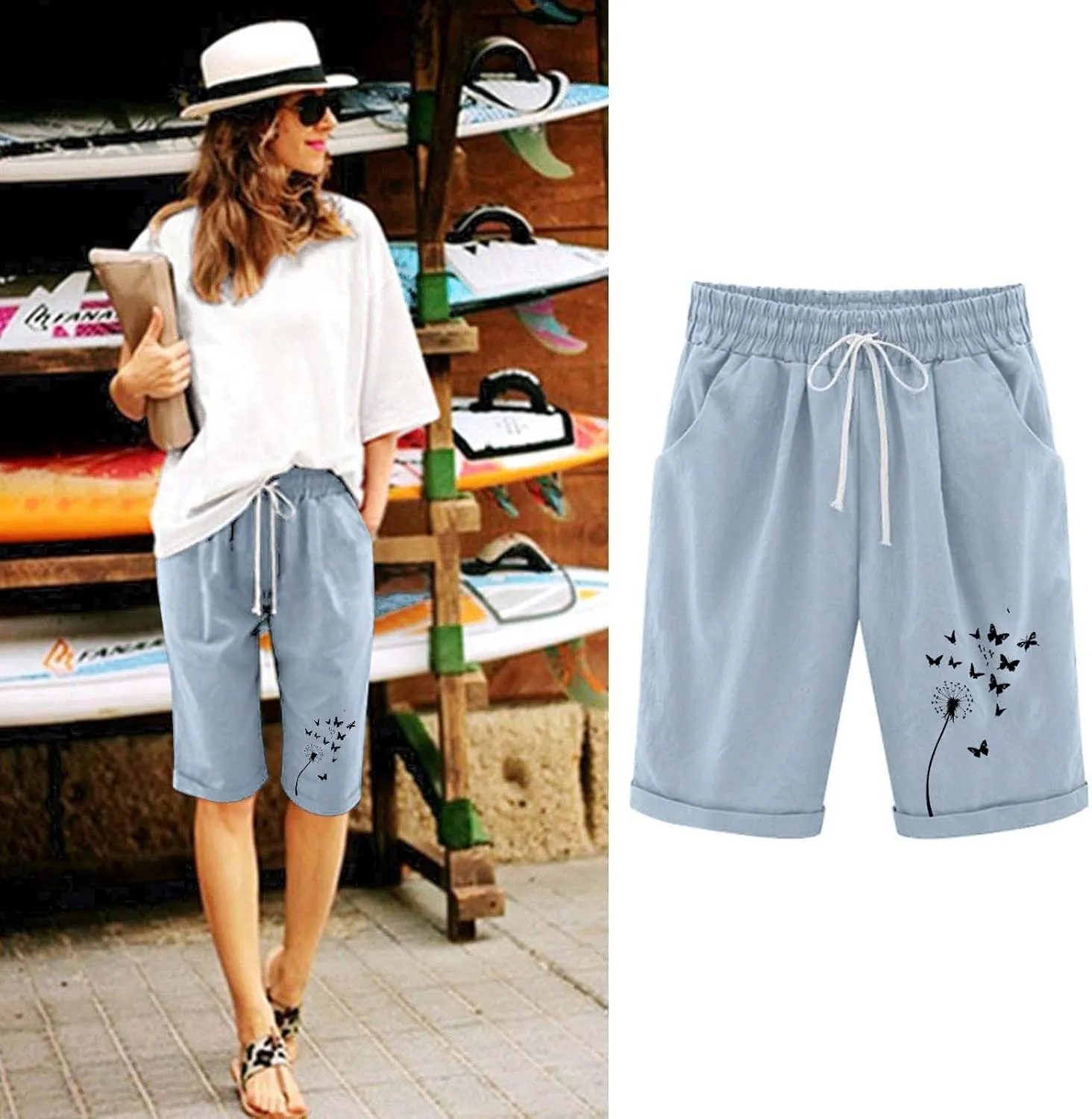Women's Bermuda Shorts High Waisted Drawstring Workout Short 2025 Summer Casual Beach Knee Length Shorts with Pockets