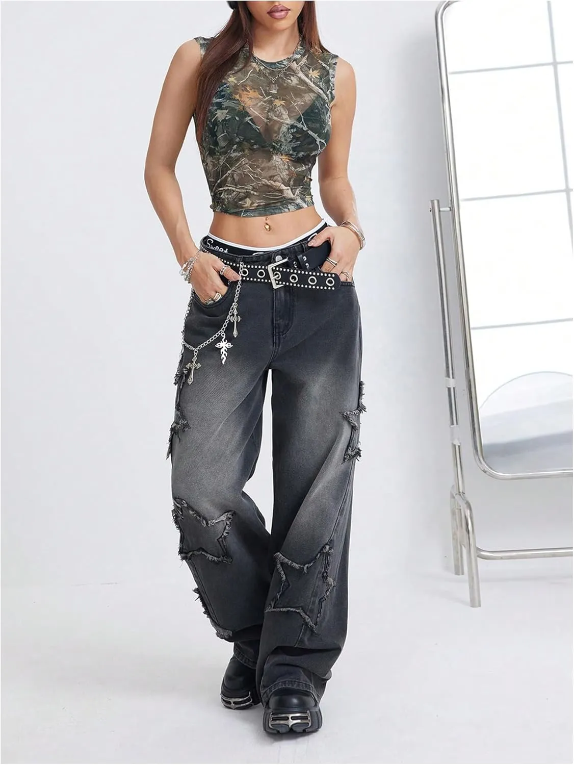 Women's Camo Tank Top Y2k Sheer Mesh Crewneck Sleeveless Crop Tops