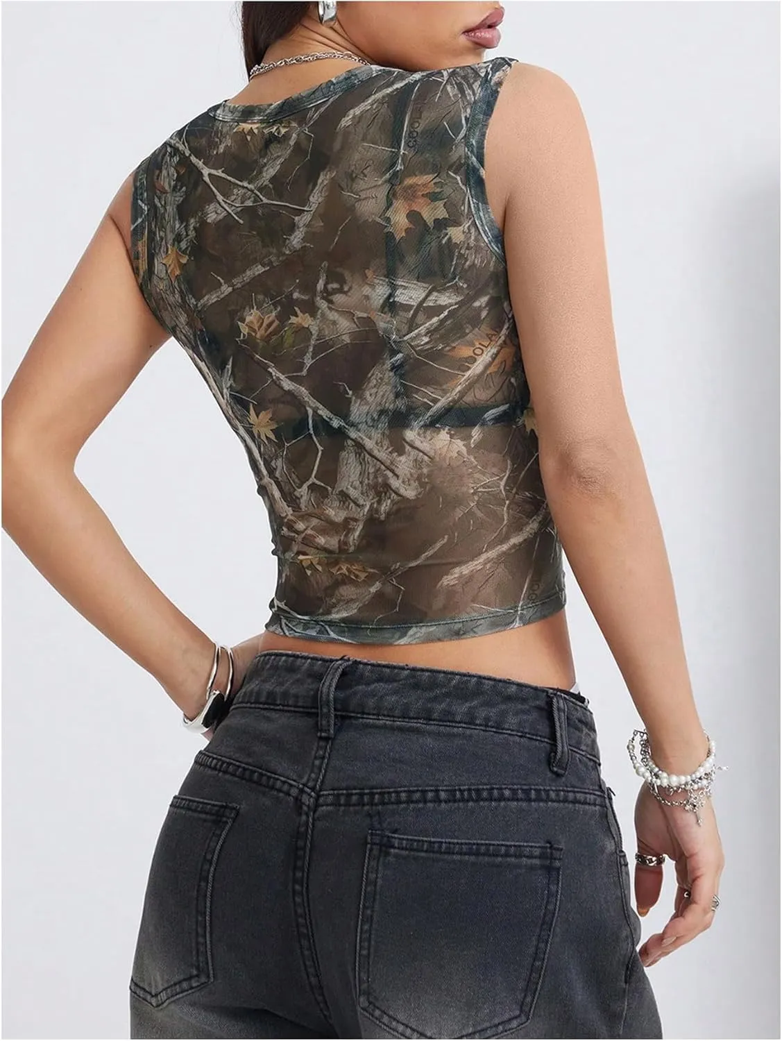 Women's Camo Tank Top Y2k Sheer Mesh Crewneck Sleeveless Crop Tops