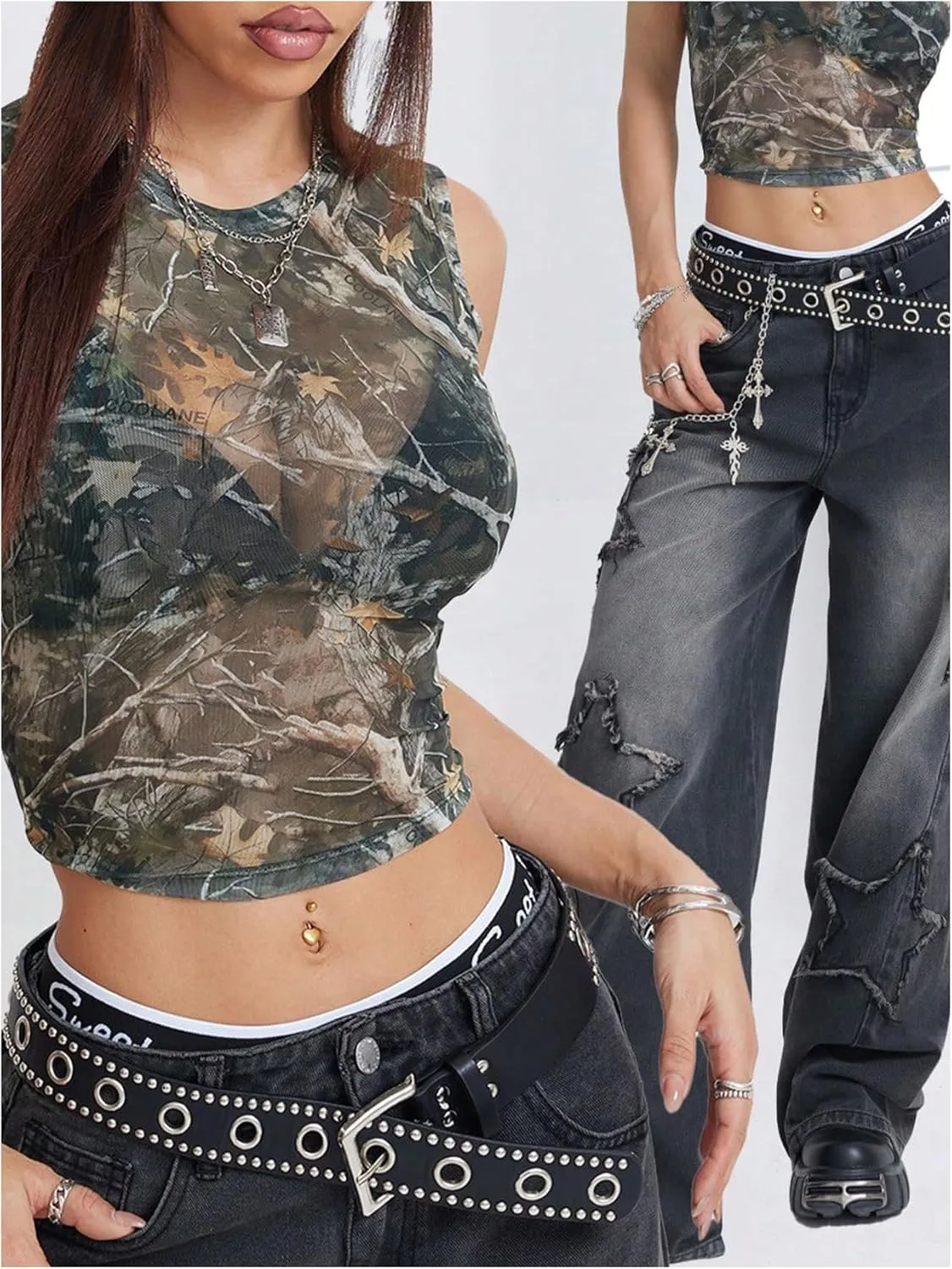 Women's Camo Tank Top Y2k Sheer Mesh Crewneck Sleeveless Crop Tops