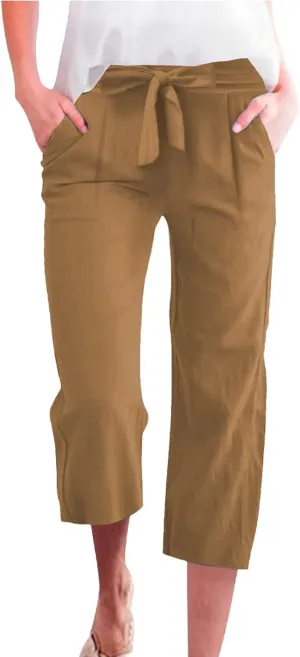 Womens Capri Pants Linen Cotton Straight Wide Leg Elastic Weight Trouser 2025 Casual Drawstring Pocket Pant