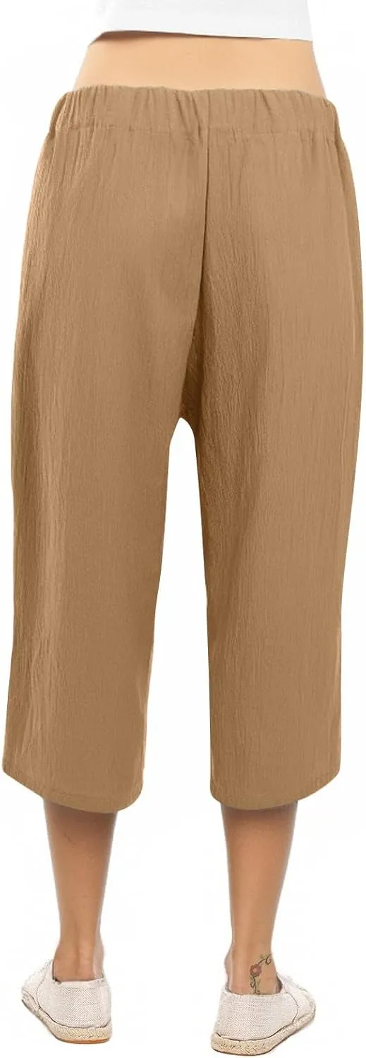 Womens Capri Pants Linen Cotton Straight Wide Leg Elastic Weight Trouser 2025 Casual Drawstring Pocket Pant
