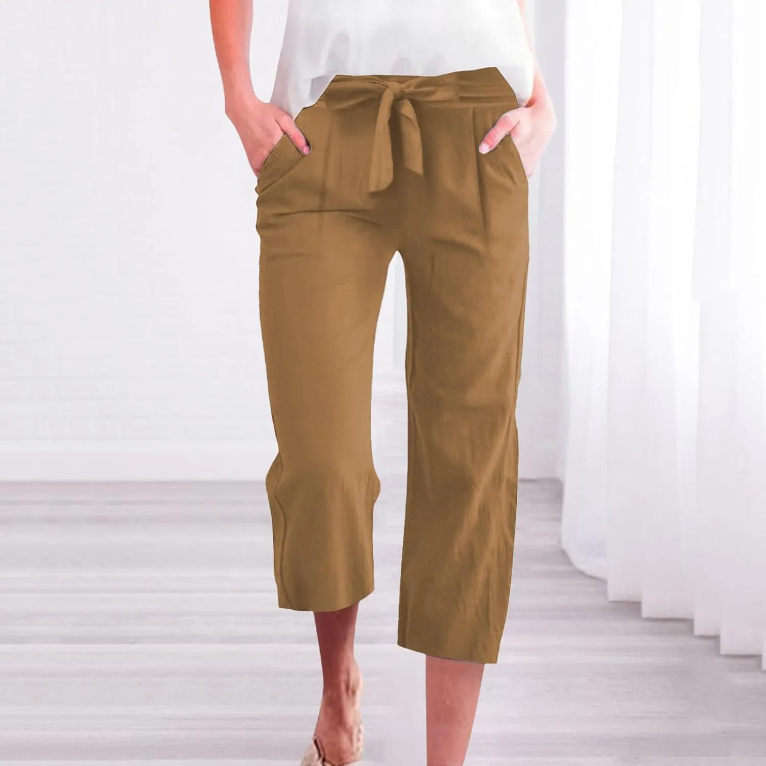 Womens Capri Pants Linen Cotton Straight Wide Leg Elastic Weight Trouser 2025 Casual Drawstring Pocket Pant