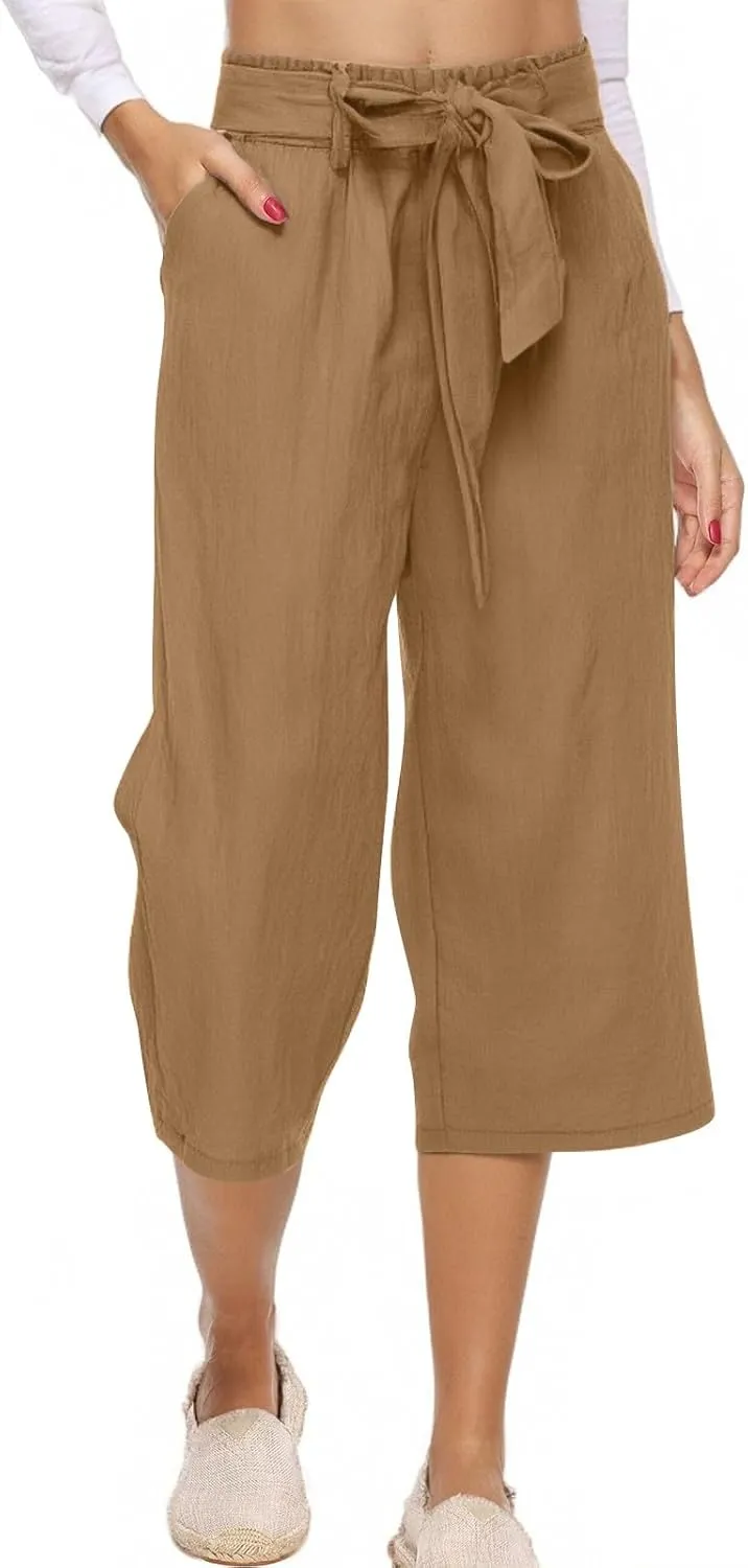 Womens Capri Pants Linen Cotton Straight Wide Leg Elastic Weight Trouser 2025 Casual Drawstring Pocket Pant