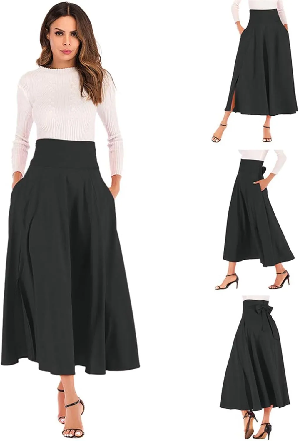 Women's Casual High-Waisted Pleated Maxi Skirt with Pockets，Solid Long Vintage Strappy Skirt