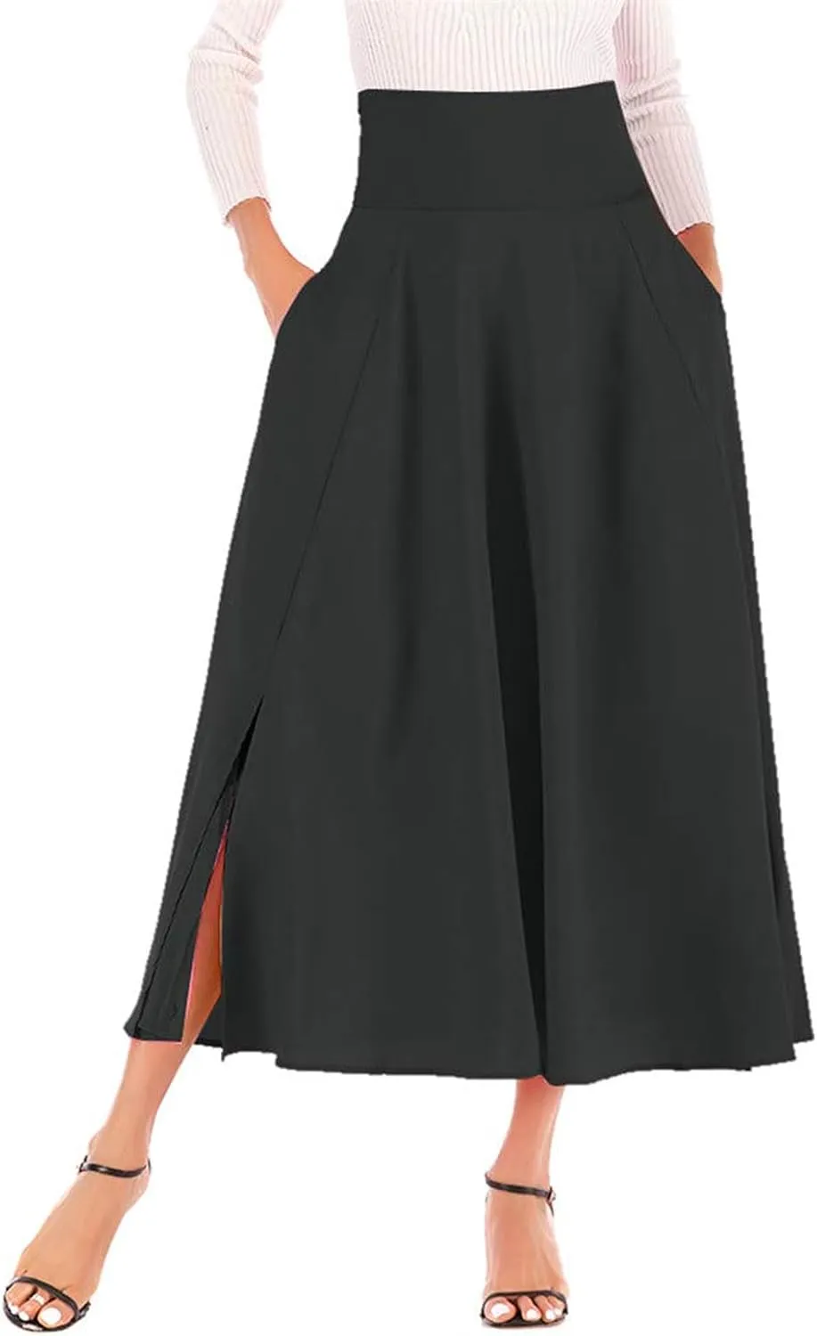 Women's Casual High-Waisted Pleated Maxi Skirt with Pockets，Solid Long Vintage Strappy Skirt