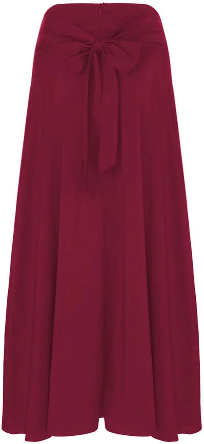 Women's Casual High-Waisted Pleated Maxi Skirt with Pockets，Solid Long Vintage Strappy Skirt