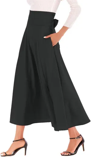 Women's Casual High-Waisted Pleated Maxi Skirt with Pockets，Solid Long Vintage Strappy Skirt