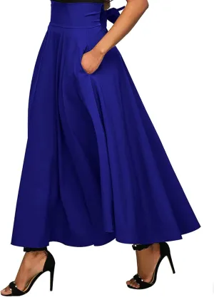 Women's Casual High-Waisted Pleated Maxi Skirt with Pockets，Solid Long Vintage Strappy Skirt