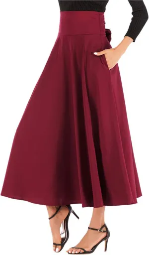 Women's Casual High-Waisted Pleated Maxi Skirt with Pockets，Solid Long Vintage Strappy Skirt