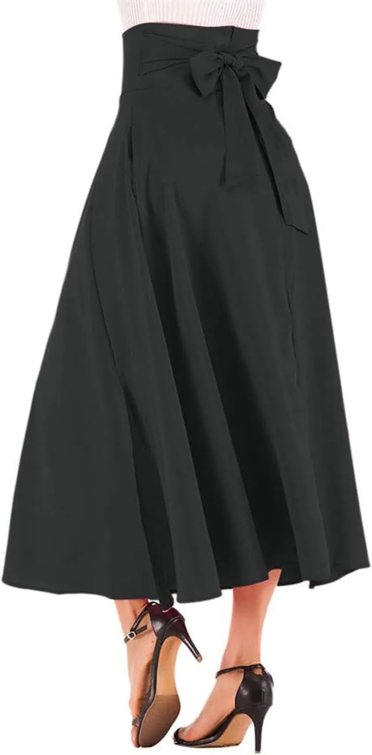 Women's Casual High-Waisted Pleated Maxi Skirt with Pockets，Solid Long Vintage Strappy Skirt