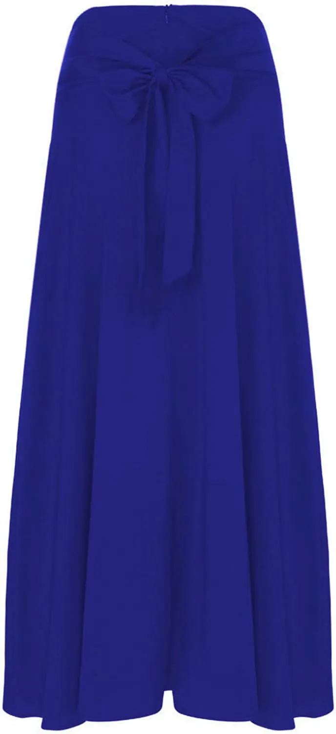 Women's Casual High-Waisted Pleated Maxi Skirt with Pockets，Solid Long Vintage Strappy Skirt