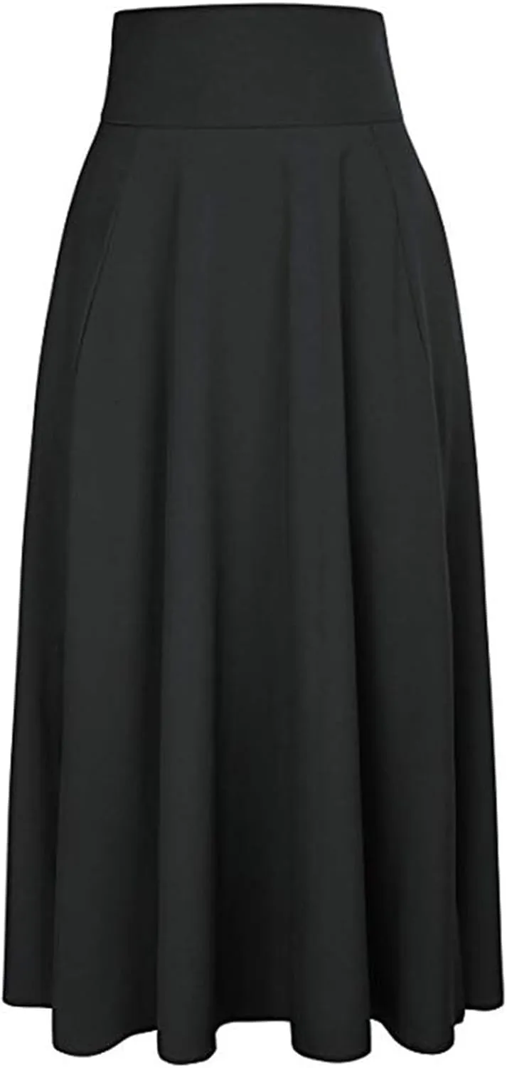 Women's Casual High-Waisted Pleated Maxi Skirt with Pockets，Solid Long Vintage Strappy Skirt