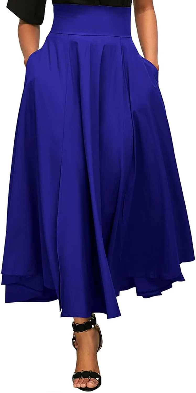 Women's Casual High-Waisted Pleated Maxi Skirt with Pockets，Solid Long Vintage Strappy Skirt