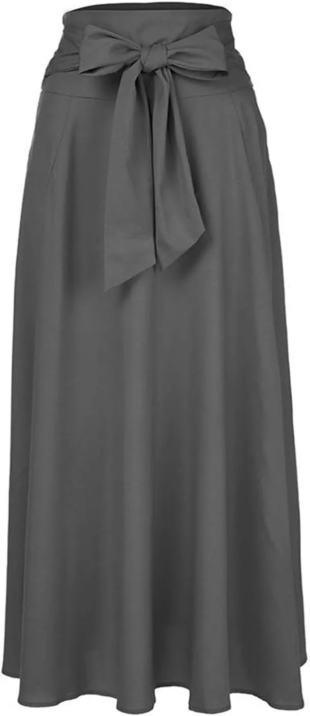Women's Casual High-Waisted Pleated Maxi Skirt with Pockets，Solid Long Vintage Strappy Skirt
