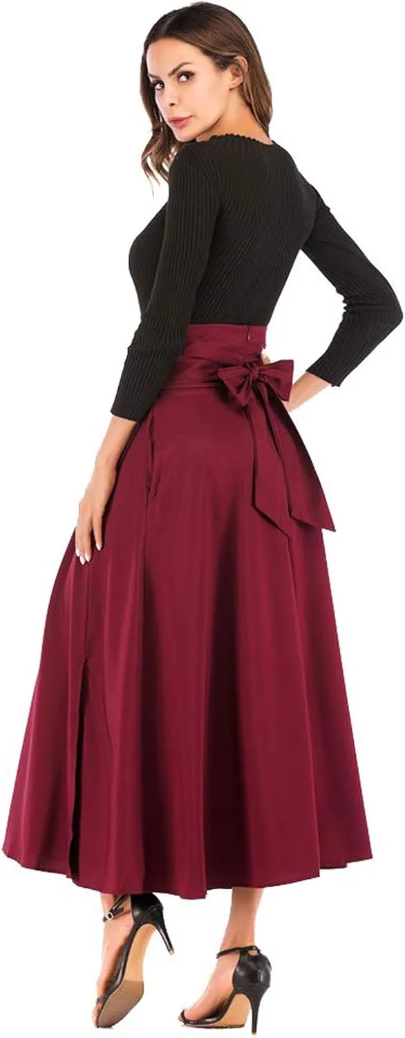 Women's Casual High-Waisted Pleated Maxi Skirt with Pockets，Solid Long Vintage Strappy Skirt