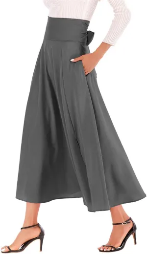 Women's Casual High-Waisted Pleated Maxi Skirt with Pockets，Solid Long Vintage Strappy Skirt