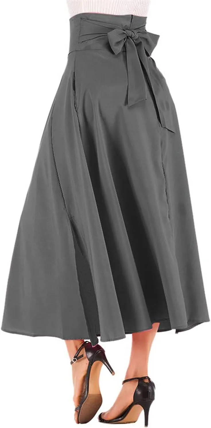 Women's Casual High-Waisted Pleated Maxi Skirt with Pockets，Solid Long Vintage Strappy Skirt