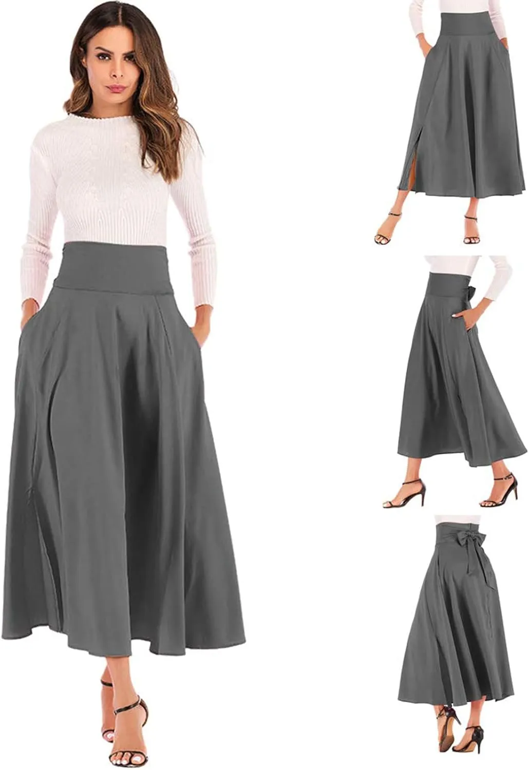 Women's Casual High-Waisted Pleated Maxi Skirt with Pockets，Solid Long Vintage Strappy Skirt