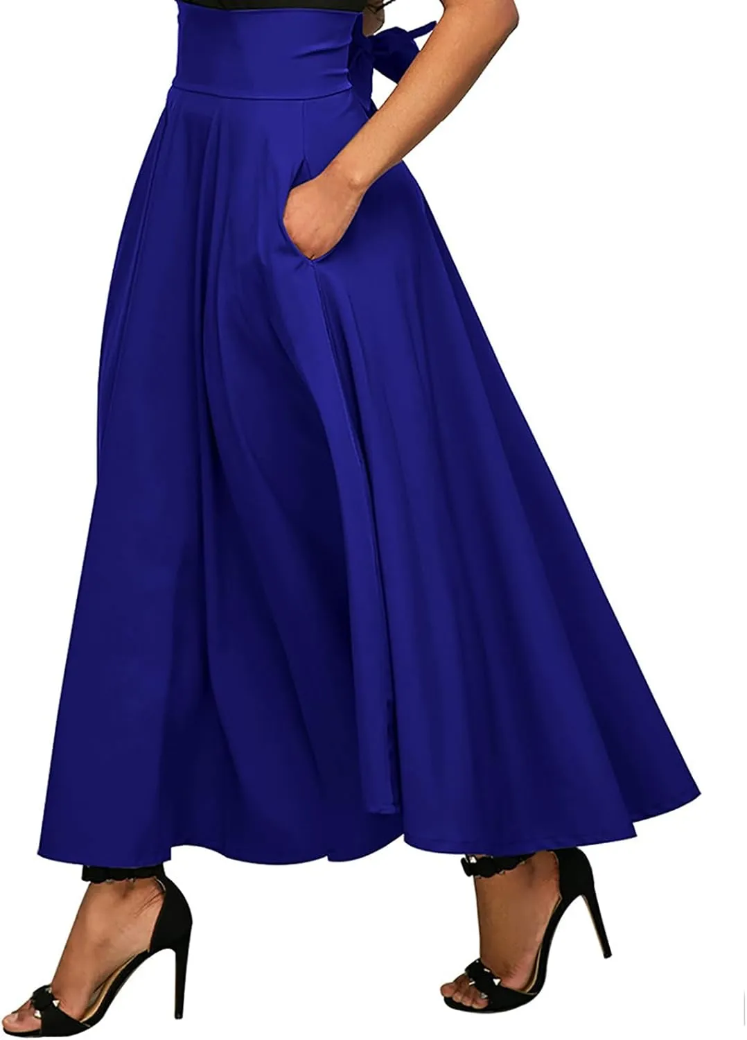 Women's Casual High-Waisted Pleated Maxi Skirt with Pockets，Solid Long Vintage Strappy Skirt
